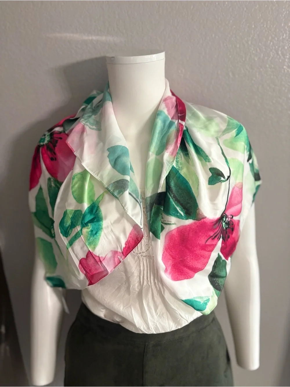 Floral Pink & Green Silk-Feel Neck Scarf - Picture 3 of 4